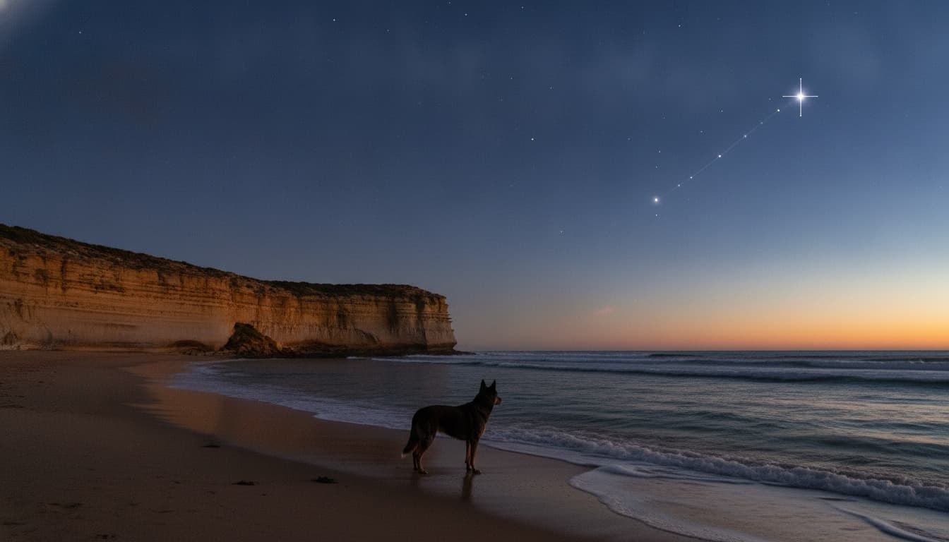 Kelpie standing on wet sand at golden dusk beneath a sandstone headland