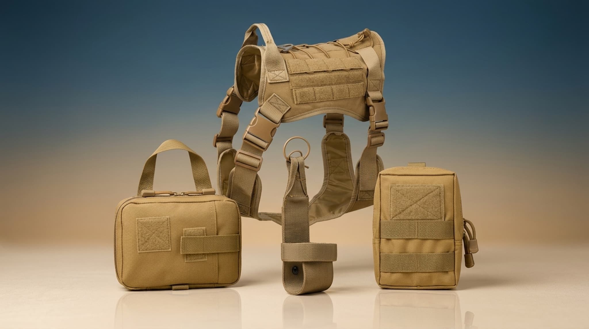 Tan tactical dog harness displayed upright with matching MOLLE pouch, utility pouch and bottle holder, studio shot on a soft gradient background
